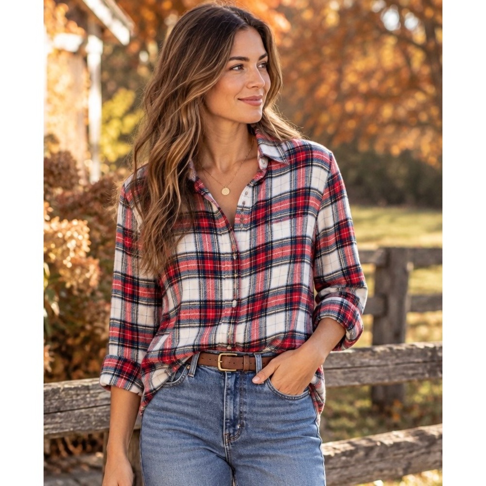 American Eagle Shirt Plaid Red White Blue Cotton Flannel Casual Small